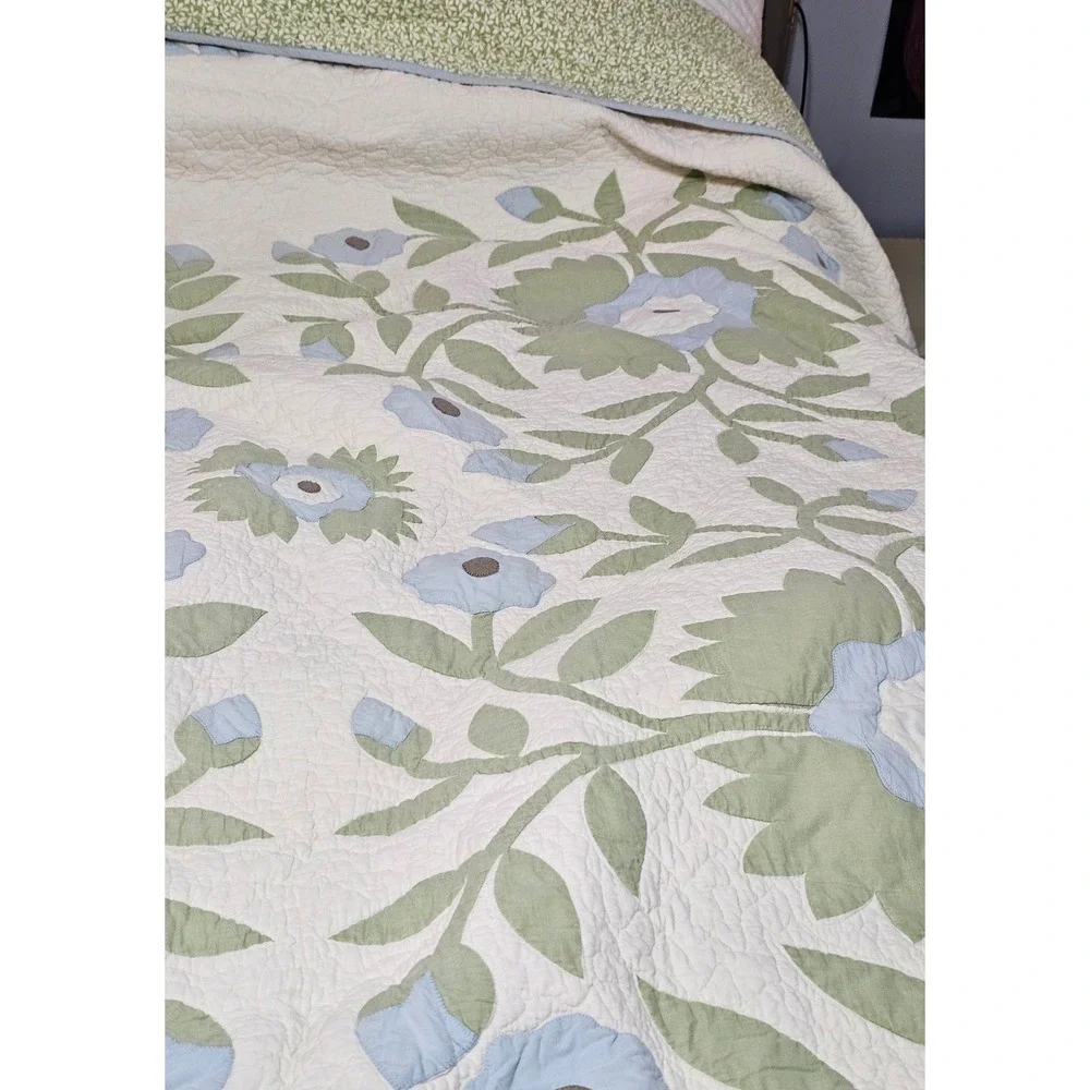 Martha Stewart Collection King Quilt Floral Applique Blue Green Cotton Farmhouse